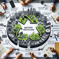 Hands around a table with lots of 3d icons representing the battery recycling value chain 