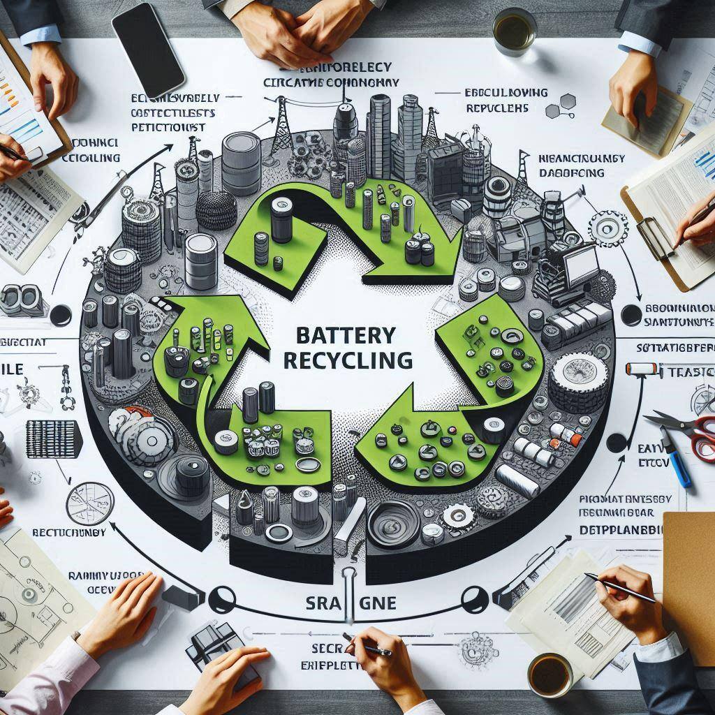 Hands around a table with lots of 3d icons representing the battery recycling value chain
